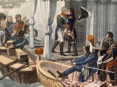 Встреча Наполеона и Александра I на плоту, 1807. Цветная аквинта Аллэ по оригиналу Ж.-Ф.Дэбре (фрагмент). Источник - proza.ru Встреча Наполеона и Александра I на плоту, 1807. Цветная аквинта Аллэ по оригиналу Ж.-Ф.Дэбре (фрагмент). Источник - proza.ru