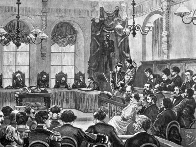 "Процесс двадцати" над народовольцами. Иллюстрация: bigenc.ru "Процесс двадцати" над народовольцами. Иллюстрация: bigenc.ru