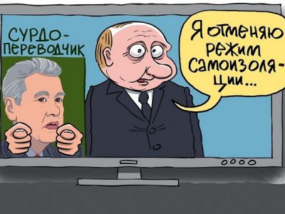 Путин, "сурдопереводчик" Собянин и отмена самоизоляции. Карикатура С.Елкина: svoboda.org